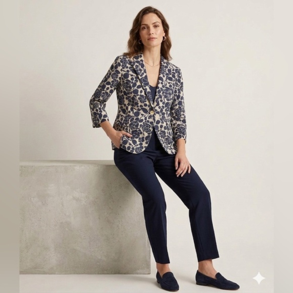 Lafayette 148 New York Women’s 12 Blue Floral 100% Linen Woven Blazer Jacket L